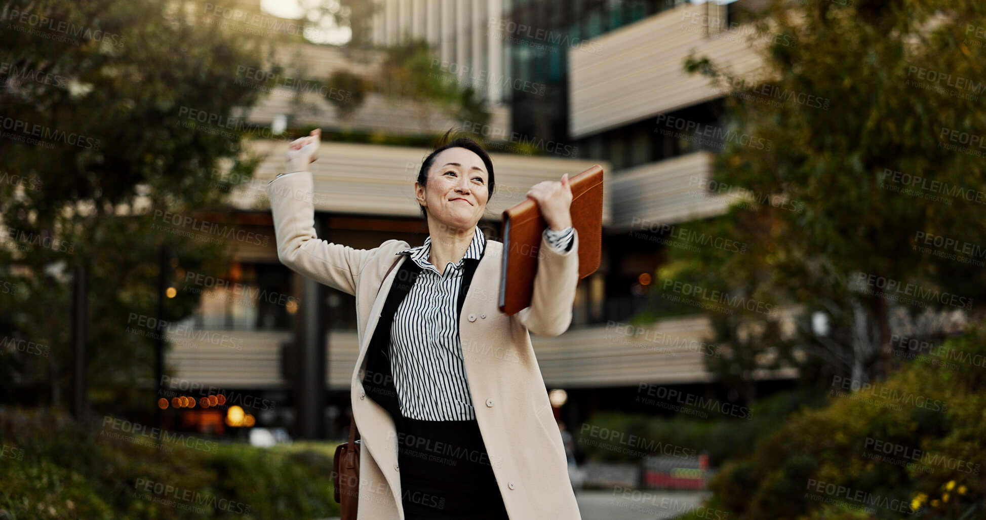 Buy stock photo City, business and woman with celebration, dancing and achievement with winner, promotion and employee. Japan, person or entrepreneur with b2b deal, victory or bonus with energy, freedom or happiness