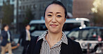 Business, happy and portrait of Japanese woman in city for morning commute, travel and walking. Professional, corporate and worker with ambition, pride and confident for career, work and job in Tokyo