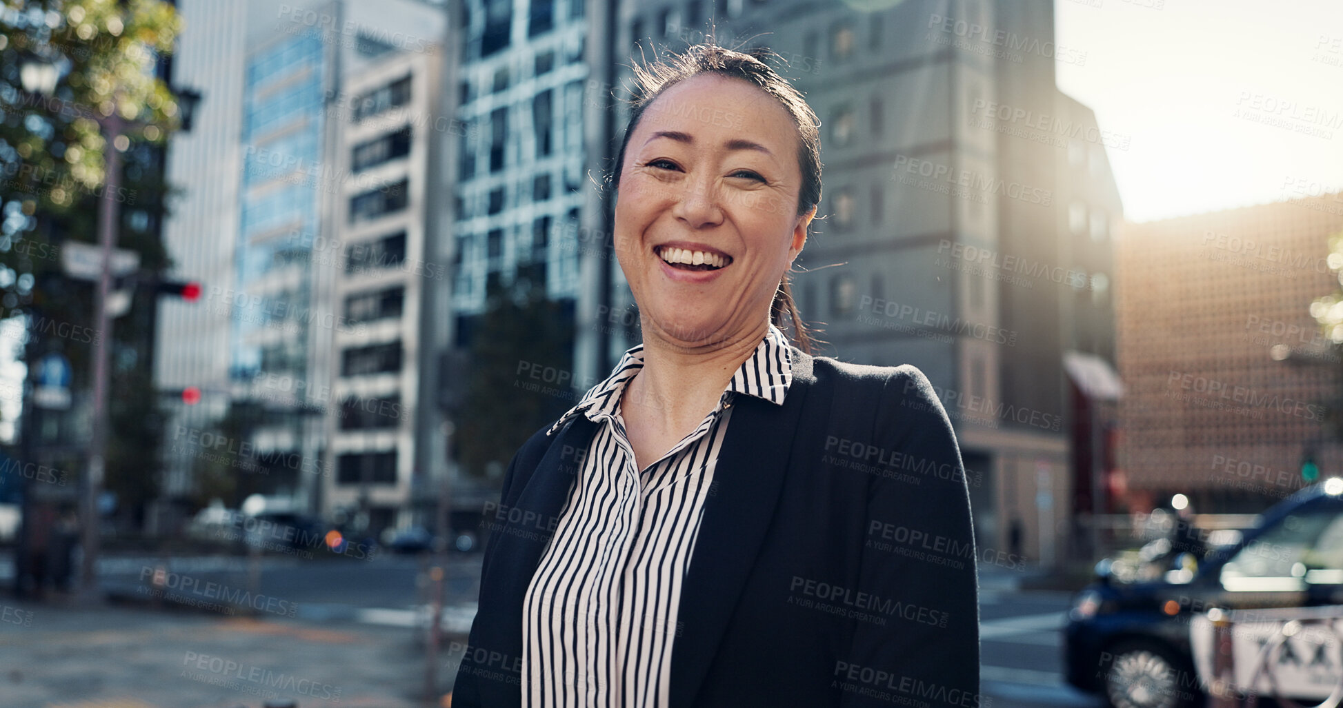 Buy stock photo Business, laugh and portrait of Japanese woman in city for morning commute, travel and walking. Professional, corporate and worker with ambition, pride and confident for career, work and job in Tokyo