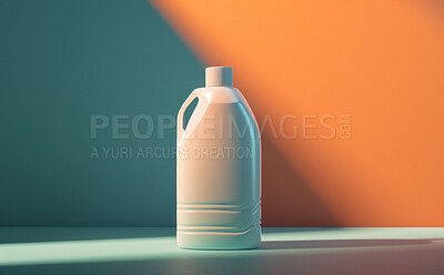 Cleaning agent, plastic bottle and fabric softener on a background for fresh clothing, laundry or laundromat business. Mockup, blank and container for design idea, product and recycled eco packaging