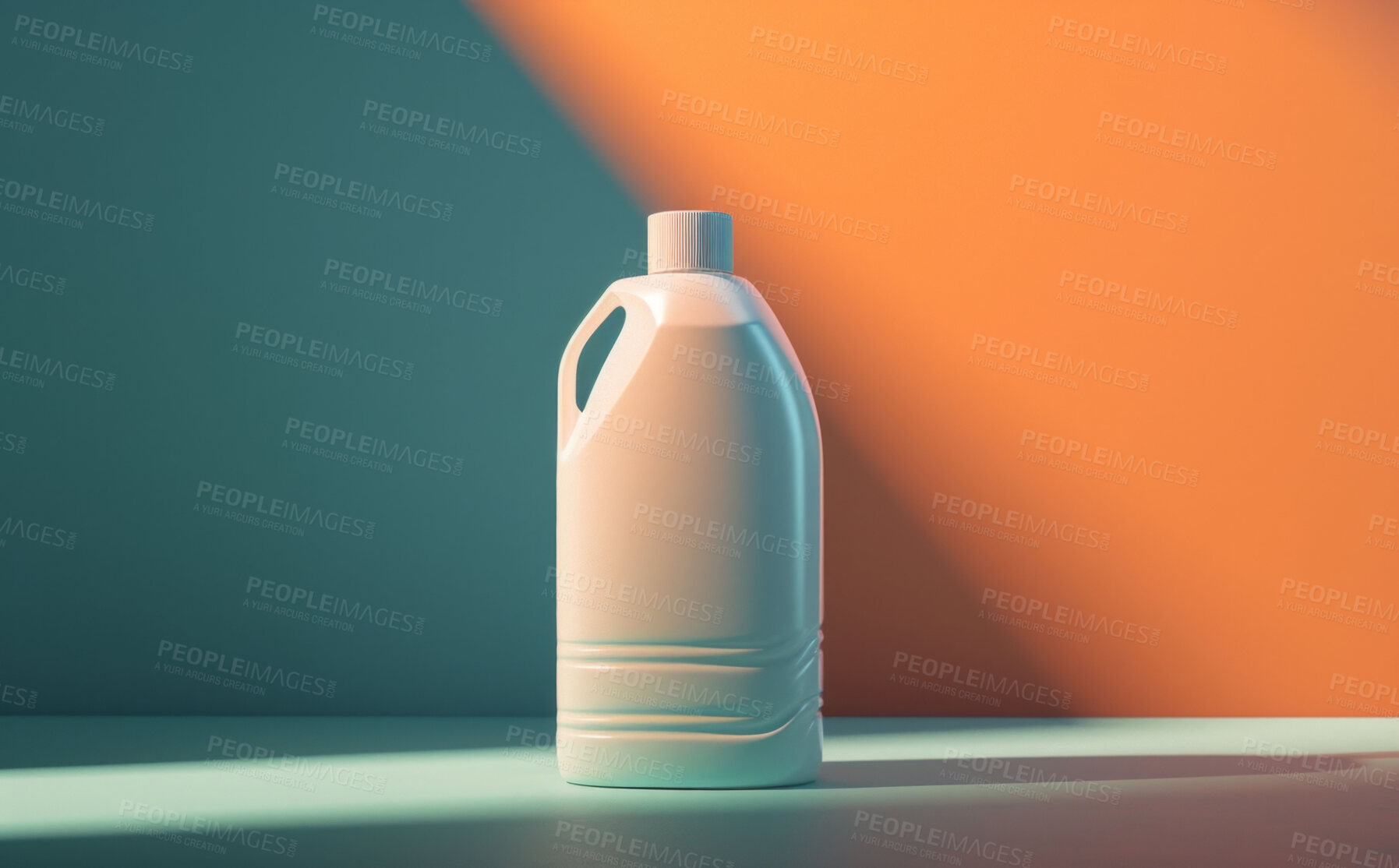 Buy stock photo Cleaning agent, plastic bottle and fabric softener on a background for fresh clothing, laundry or laundromat business.  Mockup, blank and container for design idea, product and recycled eco packaging