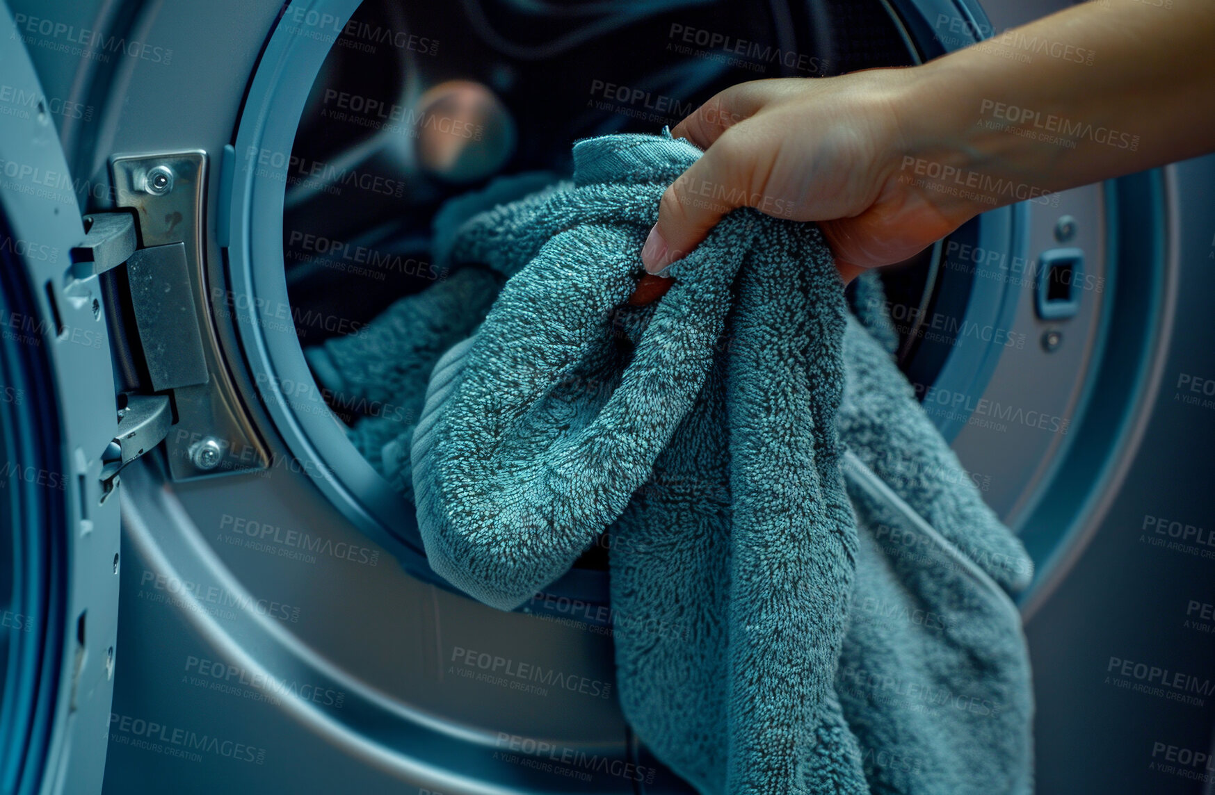 Buy stock photo Washing machine, clean laundry and clothes at laundromat business, home and self service. Fresh, hygienic and closeup of pile of clothing for textile, eco fabric softener and cleaning duties