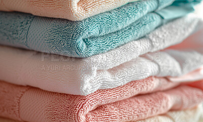 Buy stock photo Hotel towel, laundry and clean fabric background for laundromat business, detergent or hygiene. Colourful, neat and stacked fluffy textile for washing softener, cleaning service and eco friendly