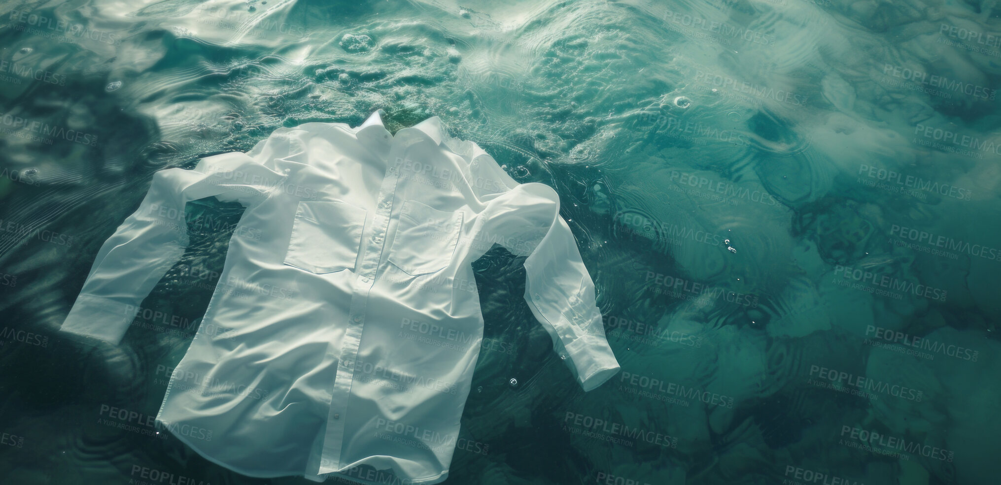 Buy stock photo White shirt, water and laundry background for laundromat business, bleach product or fabric softener. Clean, fresh and detailed shirt underwater view for clothes, textile and environment friendly