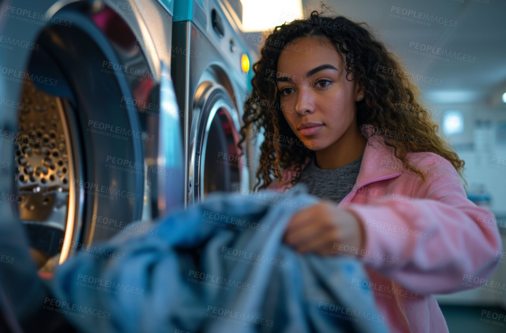 Buy stock photo Woman, laundry and clean clothes loaded into a washing machine for laundromat, chores or self service. Black, young girl or teenager doing cleaning duties for hygiene, cleanliness and housework