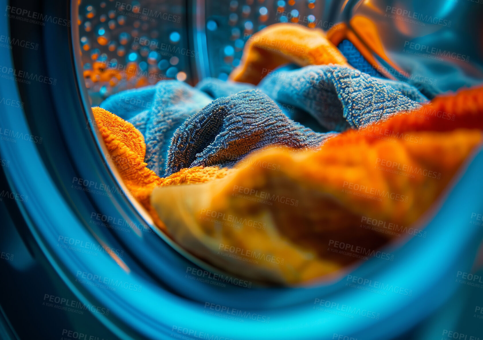 Buy stock photo Washing machine, clean laundry and clothes at laundromat business, home and self service. Fresh, hygienic and closeup of pile of clothing for textile, eco fabric softener and cleaning duties