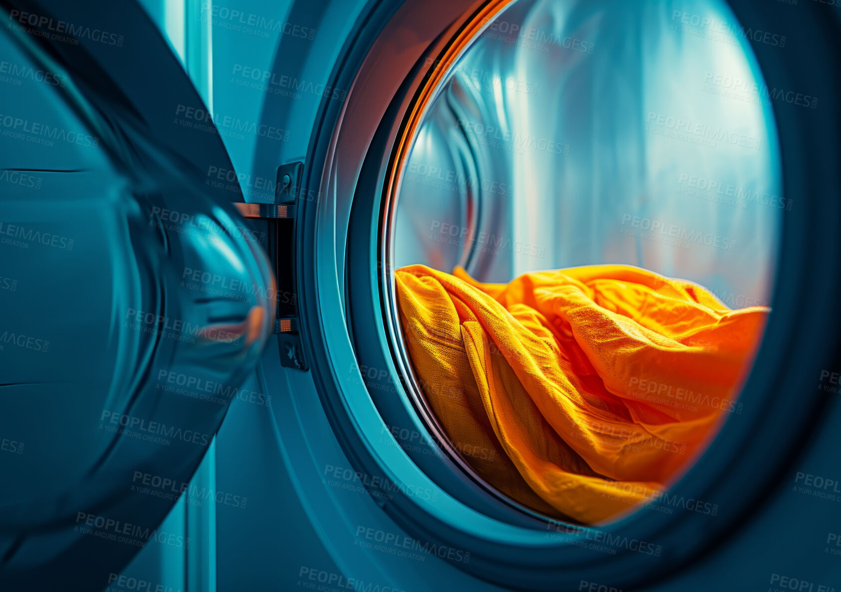 Buy stock photo Washing machine, clean laundry and clothes at laundromat business, home and self service. Fresh, hygienic and closeup of pile of clothing for textile, eco fabric softener and cleaning duties