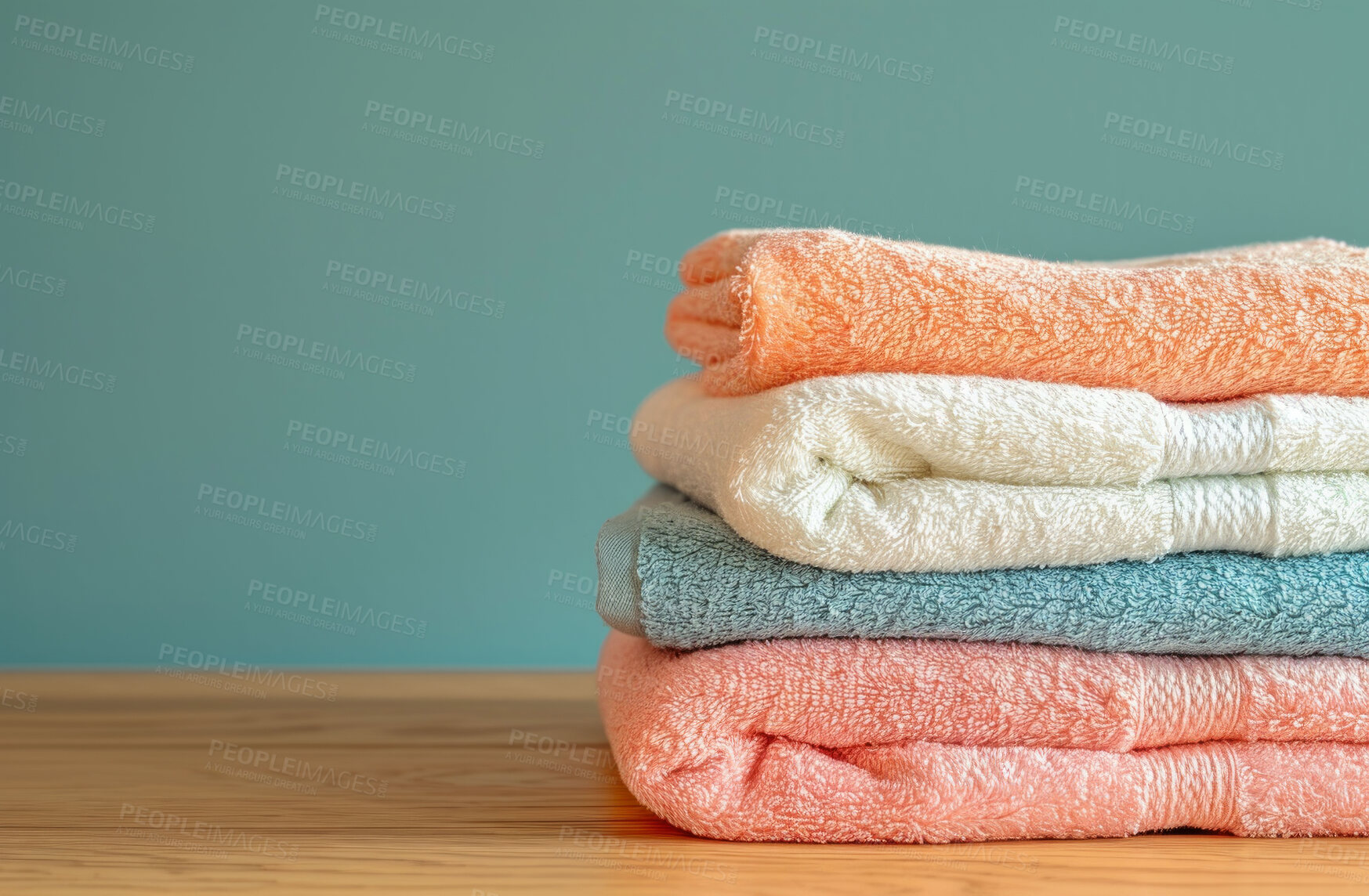 Buy stock photo Hotel towel, laundry and clean fabric background for laundromat business, detergent or hygiene. Colourful, neat and stacked fluffy textile for washing softener, cleaning service and eco friendly