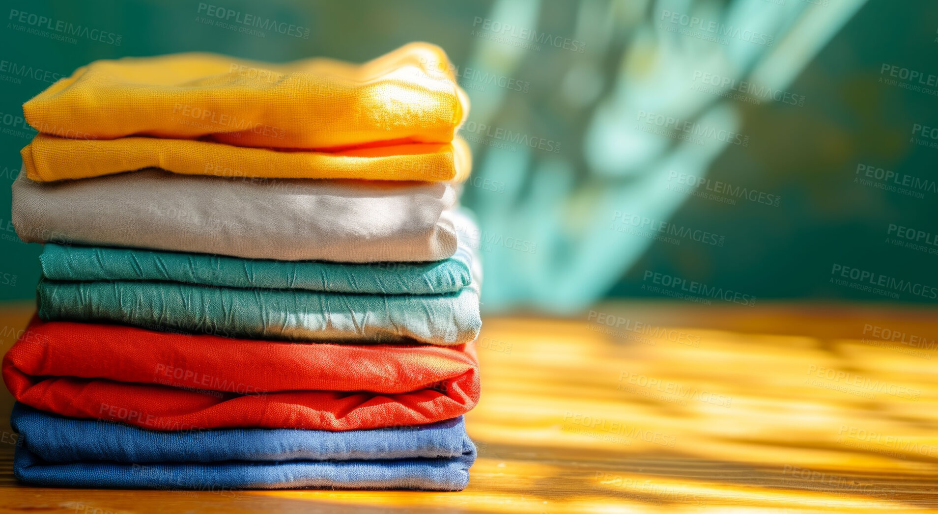 Buy stock photo Clothing, clean and folded laundry for laundromat business service, background or cleaning detergent backdrop. Colourful, neat and pile of shirts for mockup, wardrobe and eco friendly product