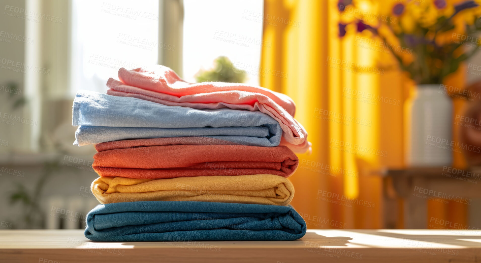 Buy stock photo Clothing, clean and folded laundry for laundromat business service, background or cleaning detergent backdrop. Colourful, neat and pile of shirts for mockup, wardrobe and eco friendly product