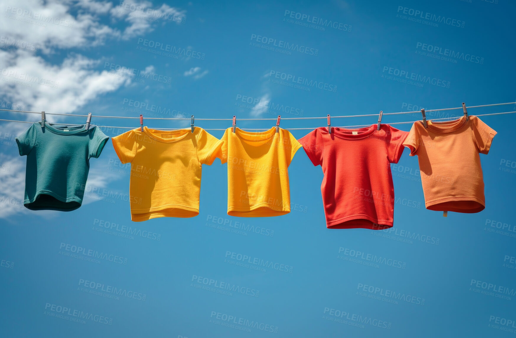 Buy stock photo Cloth, laundry or colourful fabric hanging on a washing line for laundromat business, textile and background. Blue sky, summer day and springtime wallpaper for clean clothes and eco friendly washing