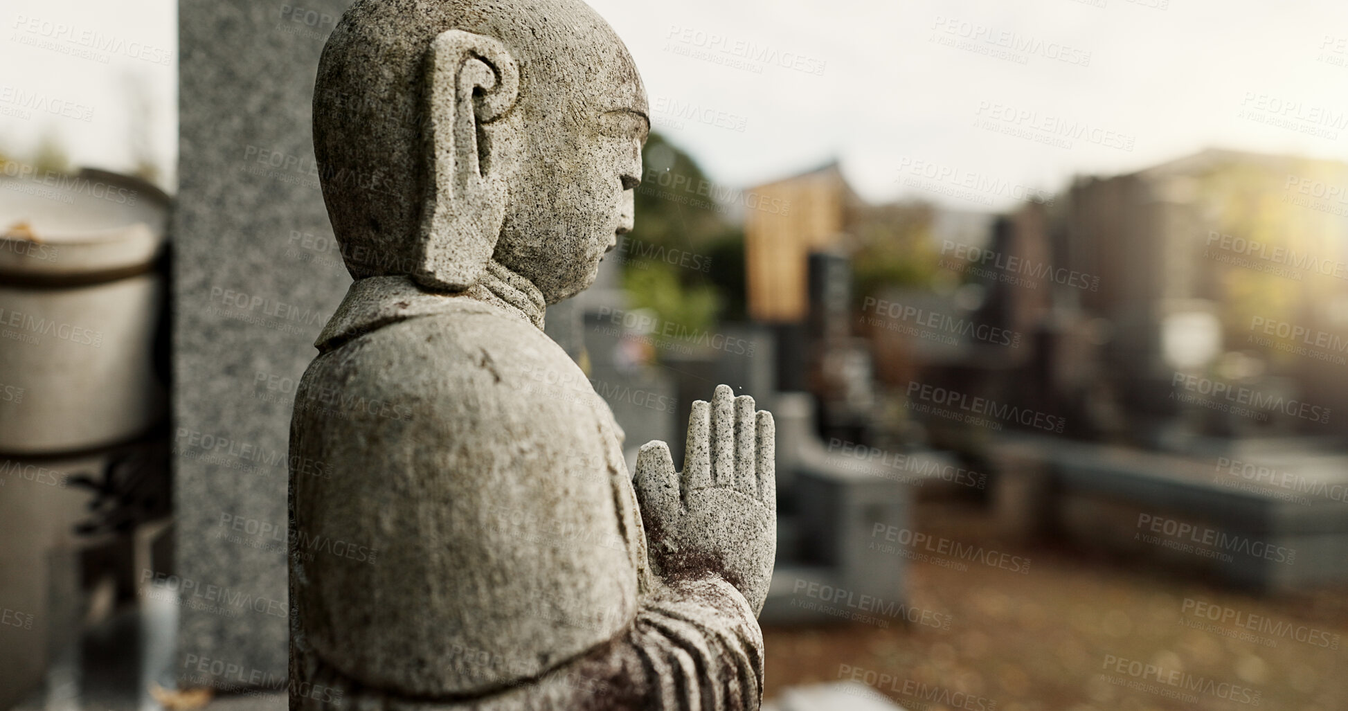 Buy stock photo Japan, prayer hands and buddhist stone statue at graveyard for spiritual religion in Tokyo. Jizo, cemetery and gravestone for memorial service, culture and traditional tombstone for worship or zen