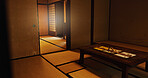 Interior, dojo or house in Japan of temple, tradition or culture with wooden table and structure. Empty room of Japanese home, furniture or building in Tokyo with carpet, tatami mat or bamboo floor