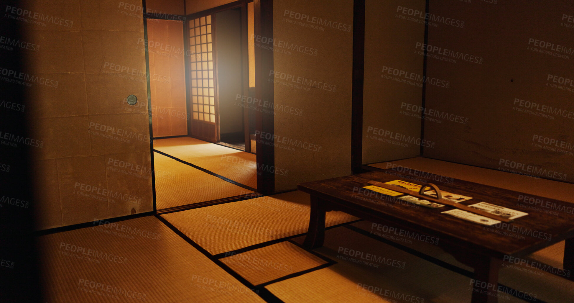 Buy stock photo Interior, dojo or house in Japan of temple, tradition or culture with wooden table and structure. Empty room of Japanese home, furniture or building in Tokyo with carpet, tatami mat or bamboo floor