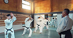 Martial arts people, aikido class and sensei teaching protection, self defense or combat technique. Black belt students, education and Japanese group learning, skill development and practice in dojo