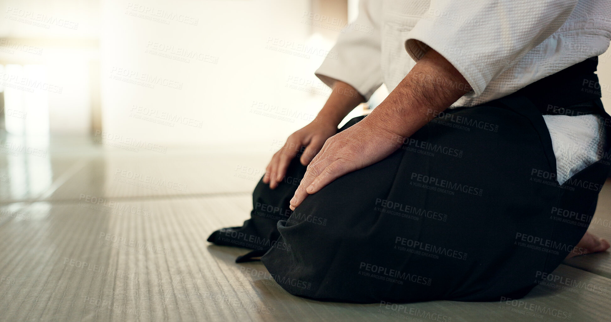 Buy stock photo Asian man, student or bow in dojo for respect, greeting or honor to master at indoor gym. Closeup of male person or karate trainer bowing for etiquette, attitude or commitment in martial arts class