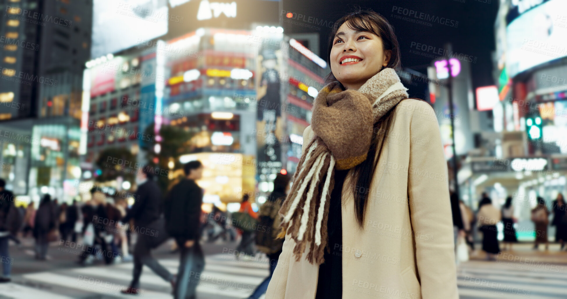Buy stock photo Night, walking and young woman in the town for exploring on vacation, adventure or holiday. Happy, travel and beautiful Asian female person by public transport for sightseeing on weekend trip in city