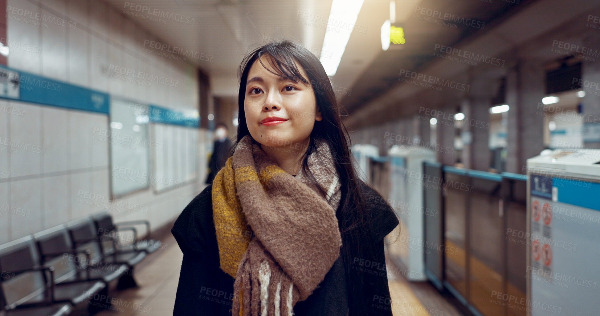 Buy stock photo Smile, walking and young woman at train station for exploring on vacation, adventure or holiday. Happy, travel and beautiful Asian female person by public transport for sightseeing on weekend trip.