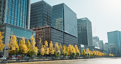 Buy stock photo City, buildings and river on landscape, skyline and trees on sidewalk for sustainability in metro. Skyscraper, cityscape and nature with water, lake and outdoor in environment for urban expansion