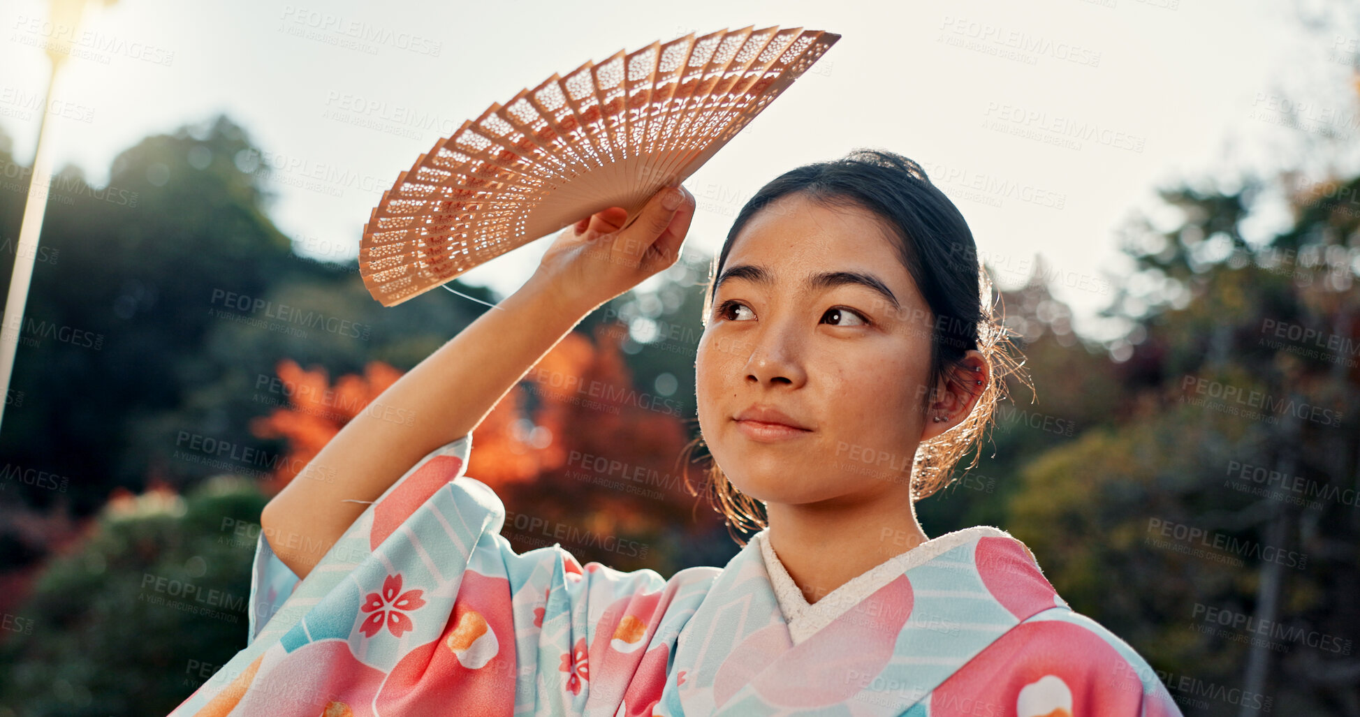 Buy stock photo Fan, thinking or calm Asian woman in park for journey on holiday vacation for freedom or wellness. Nature, travel or Japanese person with ideas for health, peace and inspiration to relax in forest