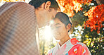 Couple, forehead touch and sunshine with love in park, Japanese people together on date with love and affection. Lens flare, summer and man with woman outdoor, commitment and loyalty with peace