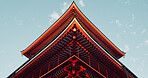 Japanese temple, blu sky and architecture, religion and traditional with building for Buddhism, for faith. Tradition, culture and landscape in Japan, place of worship with property or real estate