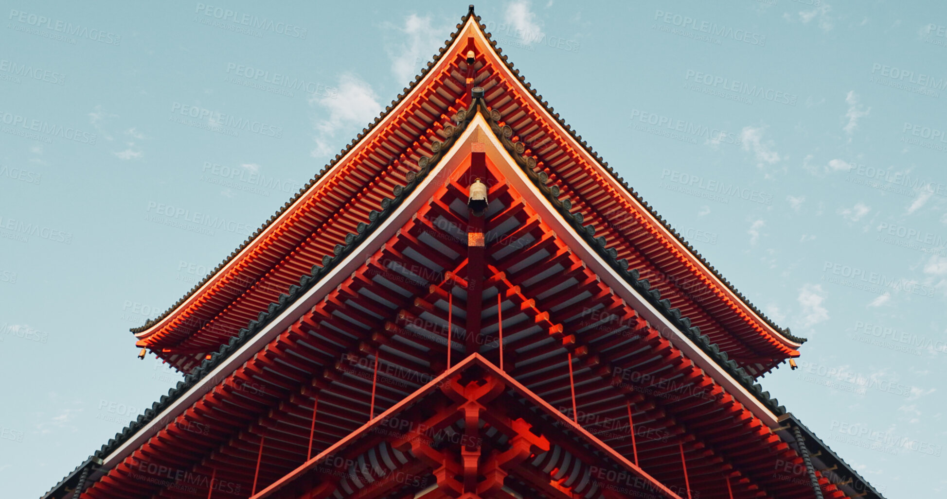 Buy stock photo Japanese temple, blu sky and architecture, religion and traditional with building for Buddhism, for faith. Tradition, culture and landscape in Japan, place of worship with property or real estate