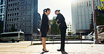 Asian, people in city and professional with bow for greeting, conversation with travel and commute to work. Business man, woman and hello in Tokyo, journey and urban street, communication and respect