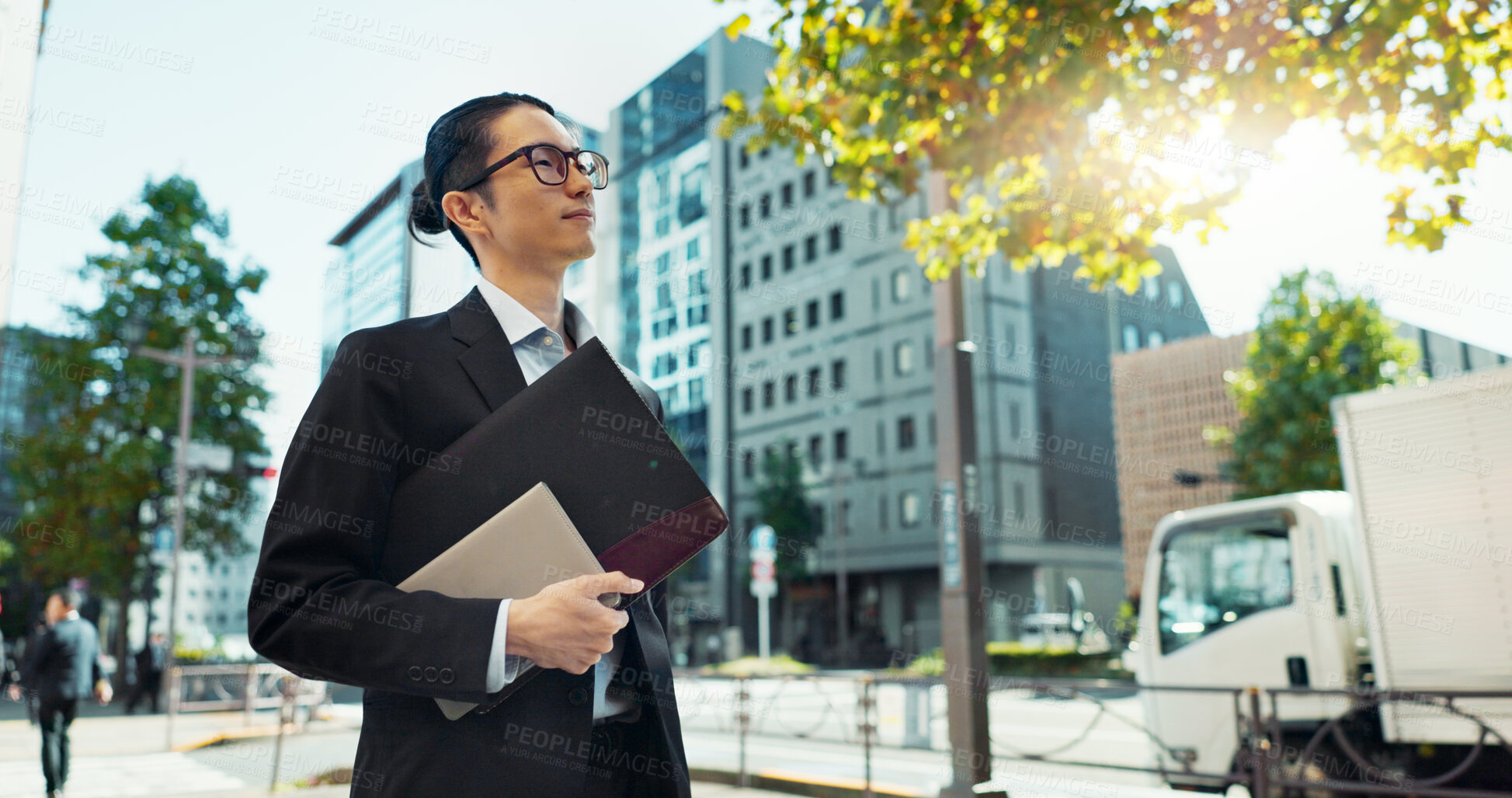 Buy stock photo Walking, city and Asian business man with tablet, documents and file for morning commute in urban town. Professional, corporate worker and person thinking on travel for career, work and job in Japan