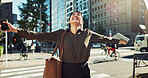 Dancing, happy and business woman in the city for job promotion, celebration or achievement. Smile, good news and professional young Asian female person moving and commuting in urban town road.