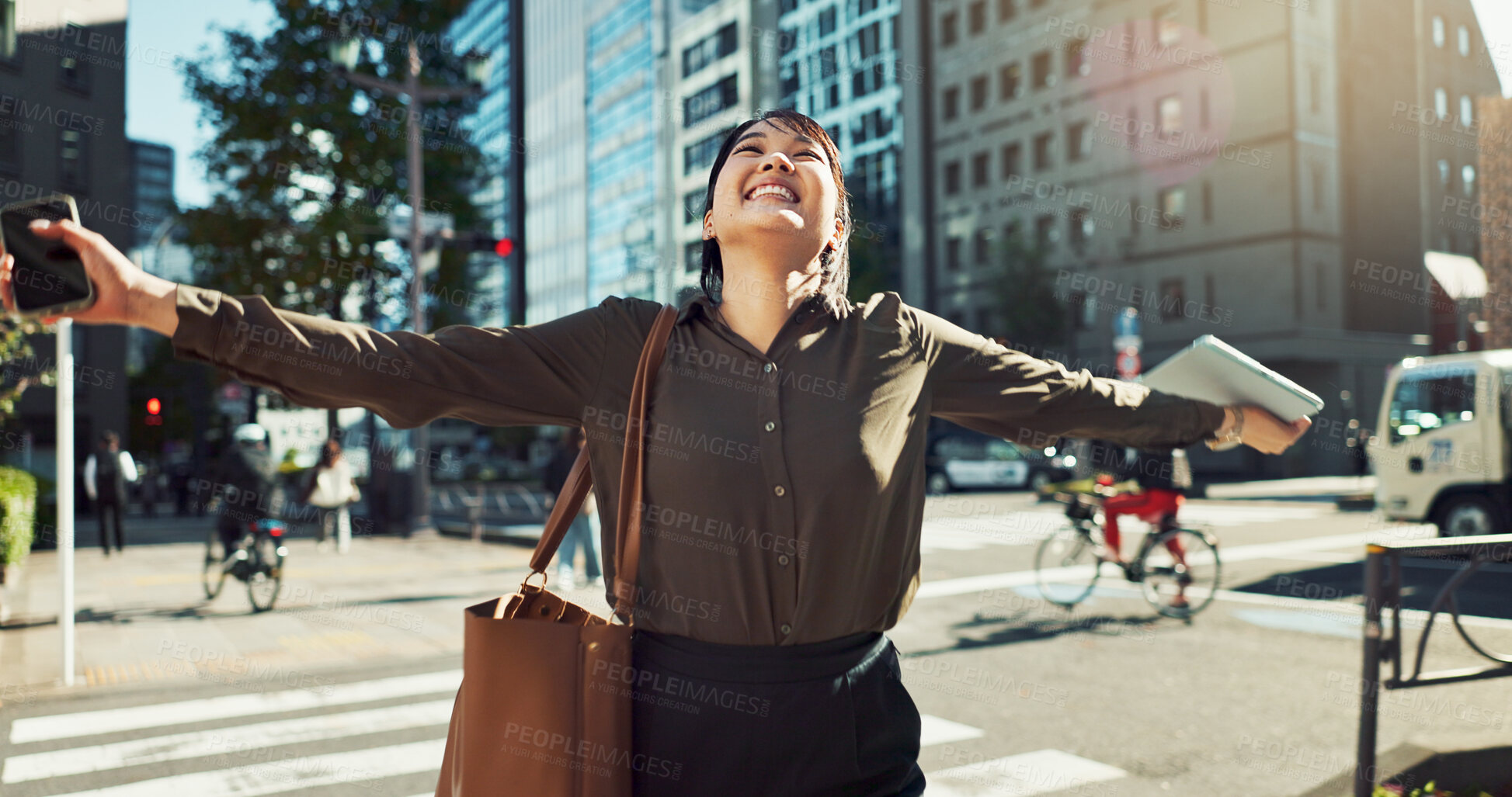 Buy stock photo Dancing, happy and business woman in the city for job promotion, celebration or achievement. Smile, good news and professional young Asian female person moving and commuting in urban town road.