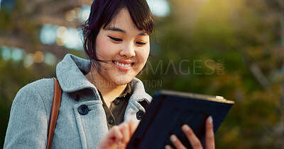 Buy stock photo Asian woman, tablet and city for social media, research or communication in outdoor networking. Face of happy female person smile on technology for online search, chatting or texting in an urban town
