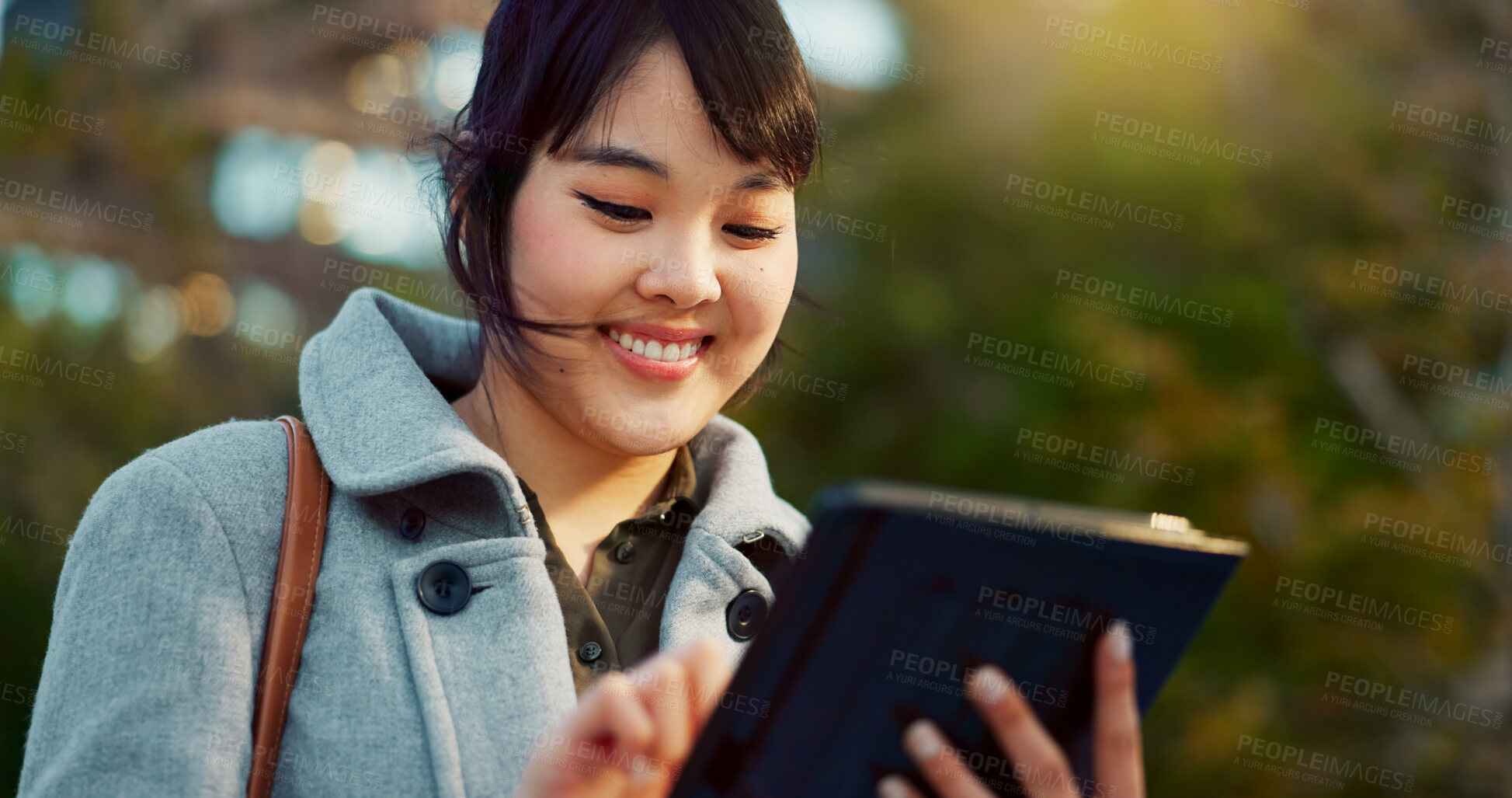 Buy stock photo Asian woman, tablet and city for social media, research or communication in outdoor networking. Face of happy female person smile on technology for online search, chatting or texting in an urban town