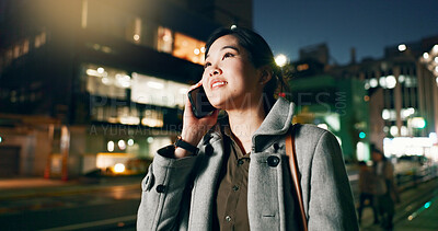 Buy stock photo Asian woman, phone call and laughing at night in city for funny joke, conversation or outdoor travel. Happy female person smile and talking on mobile smartphone in late evening for discussion in town