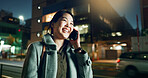 Asian woman, phone call and laughing at night in city for funny joke, conversation or outdoor travel. Happy female person smile and talking on mobile smartphone in late evening for discussion in town