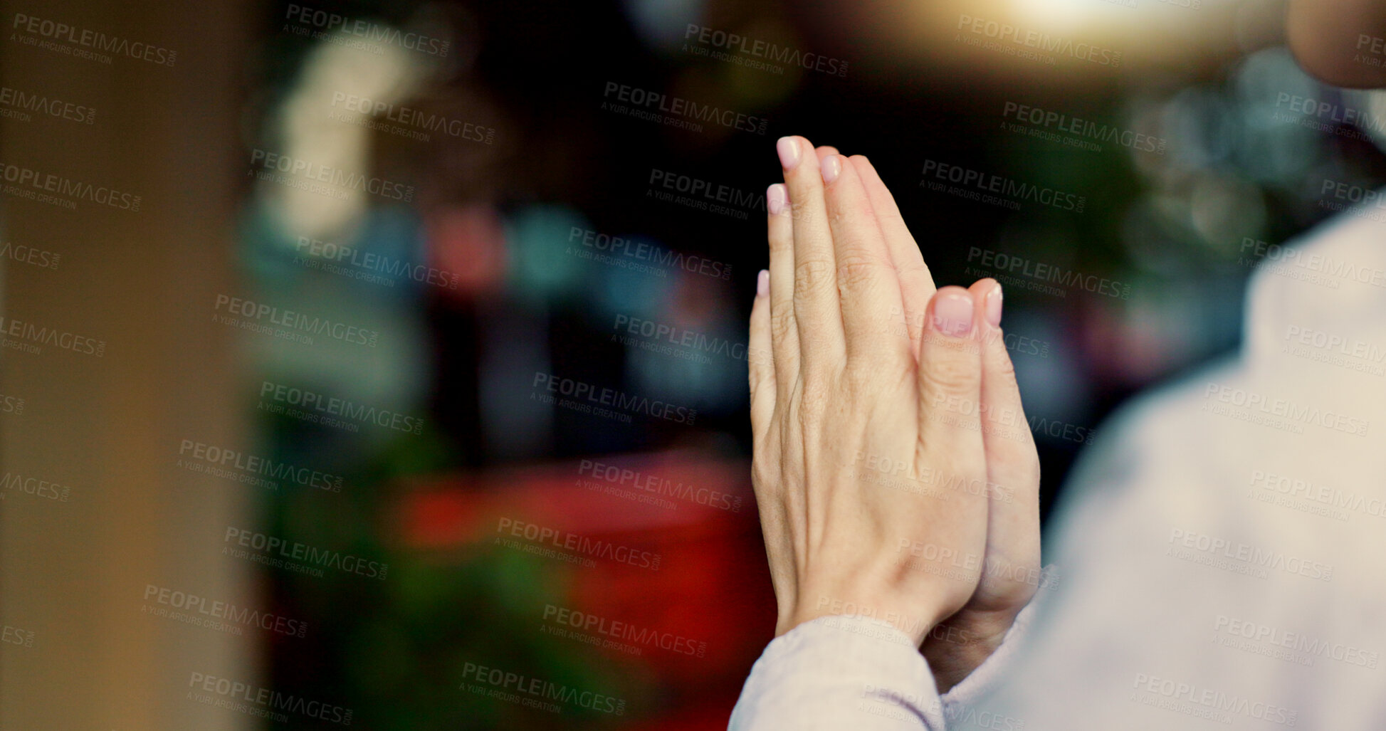 Buy stock photo Hands, prayer and closeup for temple for spiritual peace, mindfulness or god gratitude. Person, praise fingers and holy respect for help learning faith for religion, support or forgiveness belief