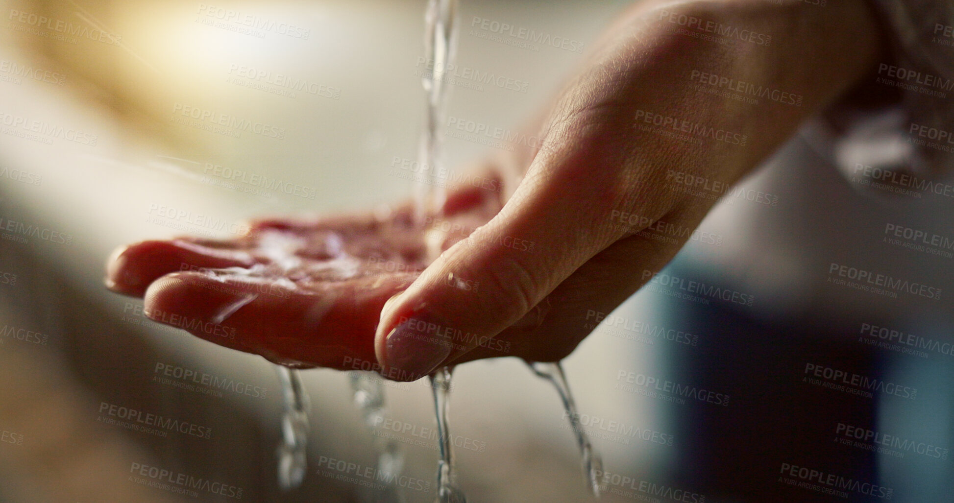 Buy stock photo Closeup, wash hands and water for cleaning, hygiene and health for safety, immune system or germs. Person, splash and drop of liquid for wellness, zoom and stop bacteria in home for body in Tokyo