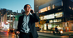 Businessman, phone call and night in city for conversation, laughing or outdoor travel. Happy asian man or employee smile and talking on mobile smartphone in late evening for discussion in urban town