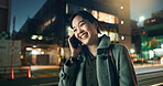Asian woman, phone call and laughing at night in city for funny joke, conversation or outdoor travel. Happy female person smile and talking on mobile smartphone in late evening for discussion in town