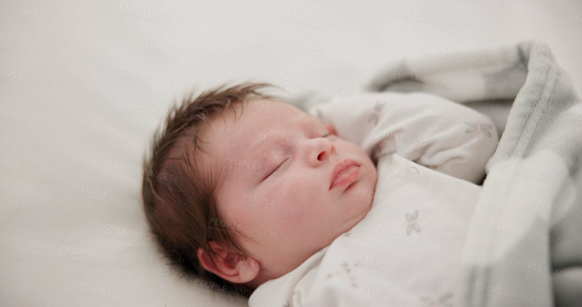 Buy stock photo Baby, sleeping and nursery room bed with morning, nap and dreaming of a young newborn at home. Cozy, sleepy kid and calm with health development from rest and peace in a house with closeup and care