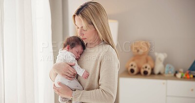 Sleeping, love and mother with baby in home for bonding, relationship and child development together. Newborn, motherhood and mom carry asleep infant for care, dreaming and affection in nursery room