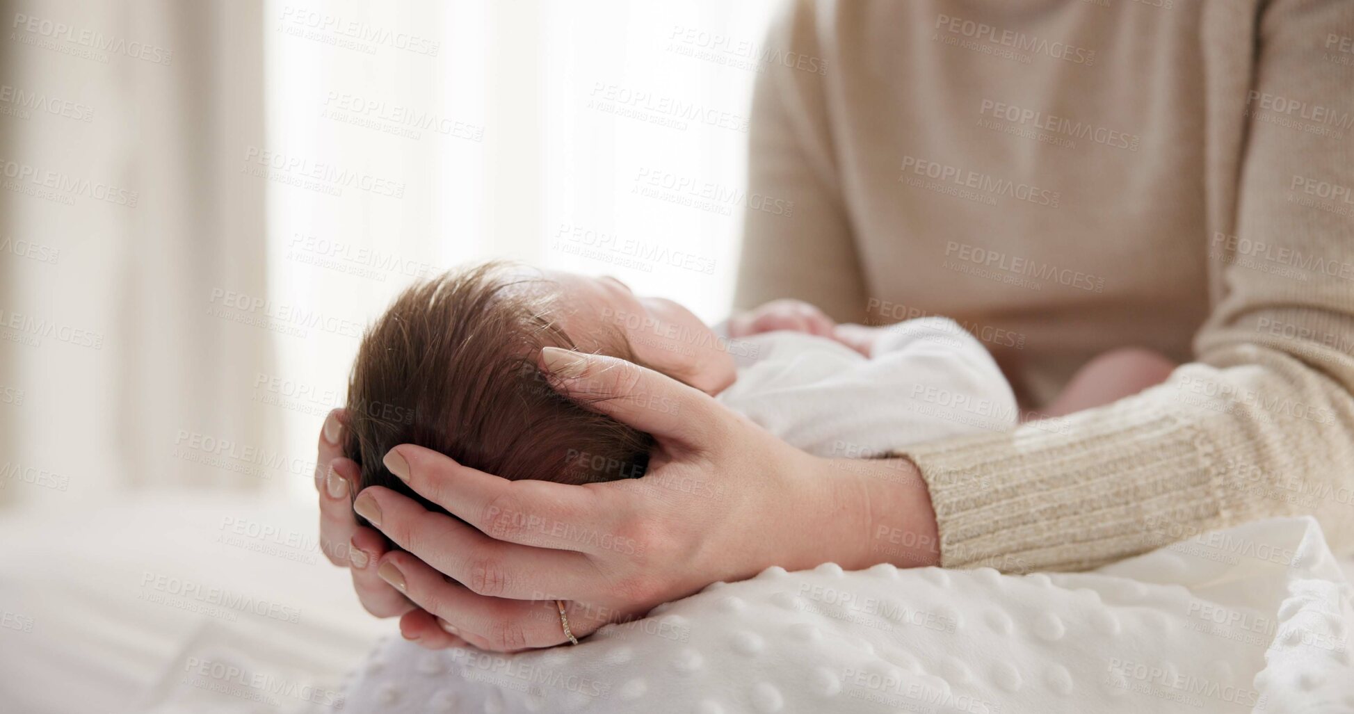 Buy stock photo Newborn baby, mother and hands on hair with love to touch, mama connection and safety on bed. Motherhood, infant and trust bond with care in child growth, support and relax together in family home