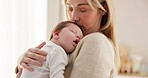 Love, mother and baby in nursery for sleeping, bonding and touch or cuddle with support or care. Woman, mom or holding newborn in bedroom with bond and relax for child development and nurture in home