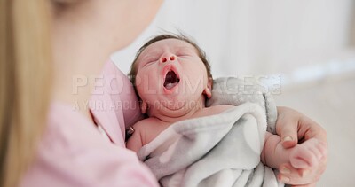 Baby, yawn and calm with tired newborn and mom in a bedroom at morning with care. Rest, relax and young kid with fatigue and mother support in a family home with motherhood in house with blanket