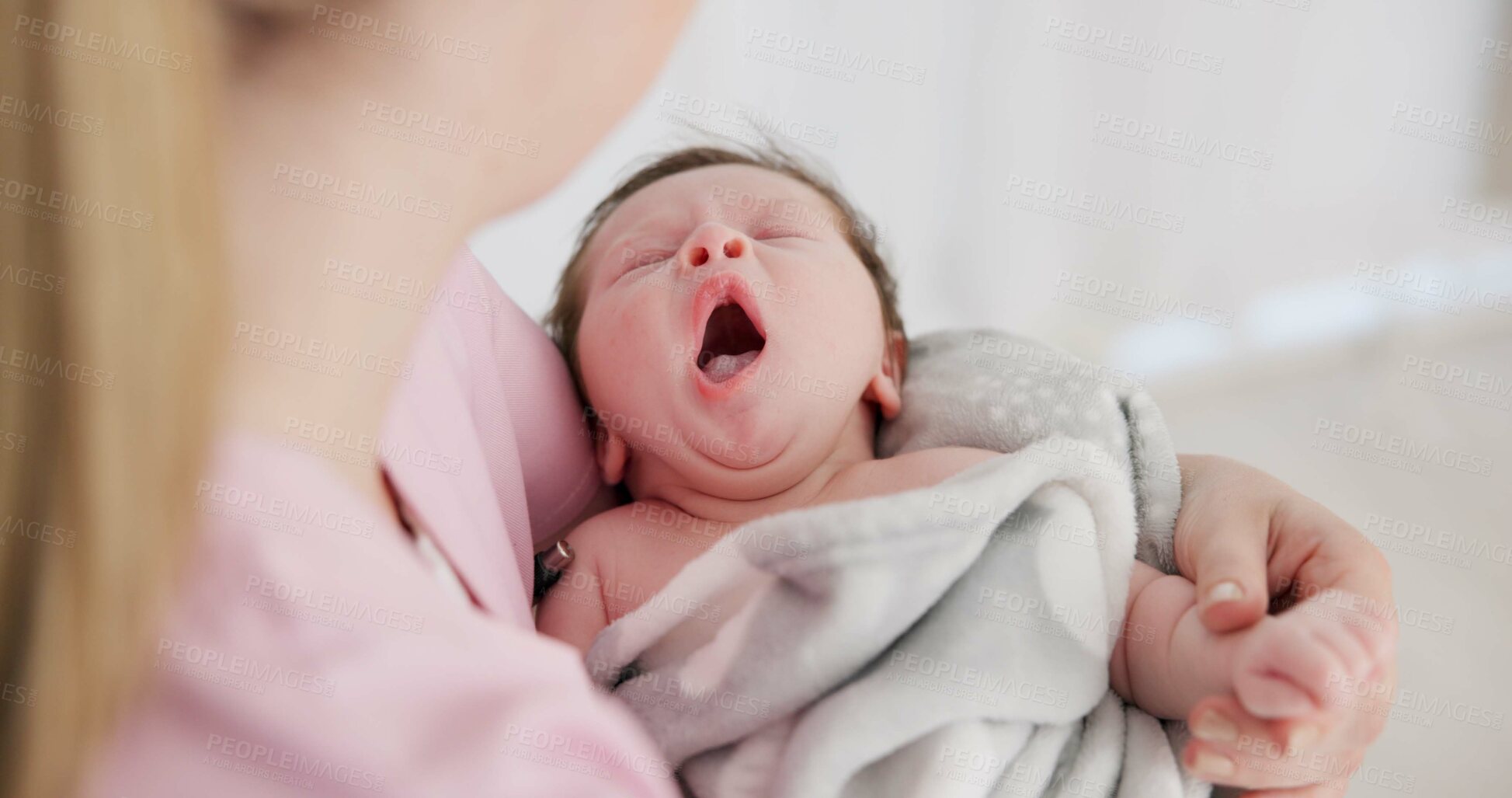 Buy stock photo Baby, yawn and calm with tired newborn and mom in a bedroom at morning with care. Rest, relax and young kid with fatigue and mother support in a family home with motherhood in house with blanket