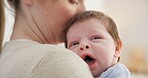 Baby, yawn and calm with tired newborn and mom in a bedroom at morning with care. Rest, relax and young kid with fatigue and mother support in a family home with motherhood in house with bonding