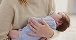 Mother, relax baby and nap with love, care and support for newborn in nursery with sleep. Young child, mom and family with youth and childcare with bonding and maternity in home with infant and calm