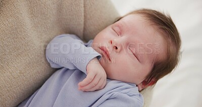 Buy stock photo Mother, baby and nap closeup with love, care and support for newborn in nursery with sleep. Young child, mom and family with youth and childcare with bonding and maternity in a home with infant