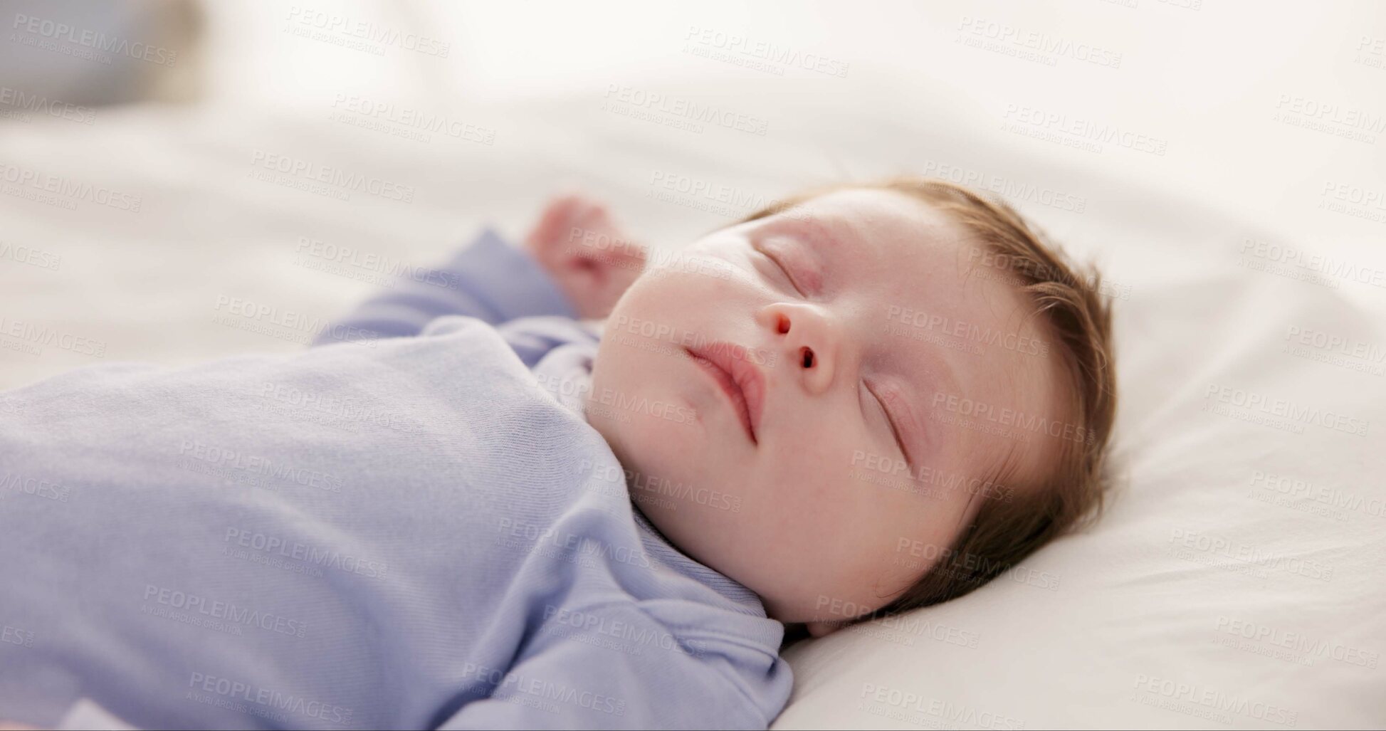 Buy stock photo Relax, growth and sleep with a baby in a bedroom closeup in a home, dreaming during a nap for child development. Kids, calm and rest with an adorable newborn infant asleep on a bed for comfort