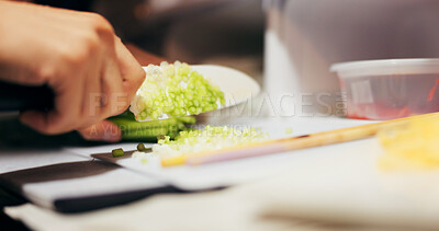 Buy stock photo Hands, cut and vegetables on table with knife, japanese food and chef by dinner for healthy diet. Person, cooking and ingredients for vegetarian lunch for nutrition and board by meal prep in kitchen